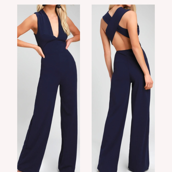 LULU'S SZ S Thinking Out Loud Navy Blue Backless Straight Leg Jumpsuit NEW B156 - Picture 1 of 7